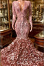 Elegant Long Mermaid V-neck Appliques Lace Prom Dress with Sleeves