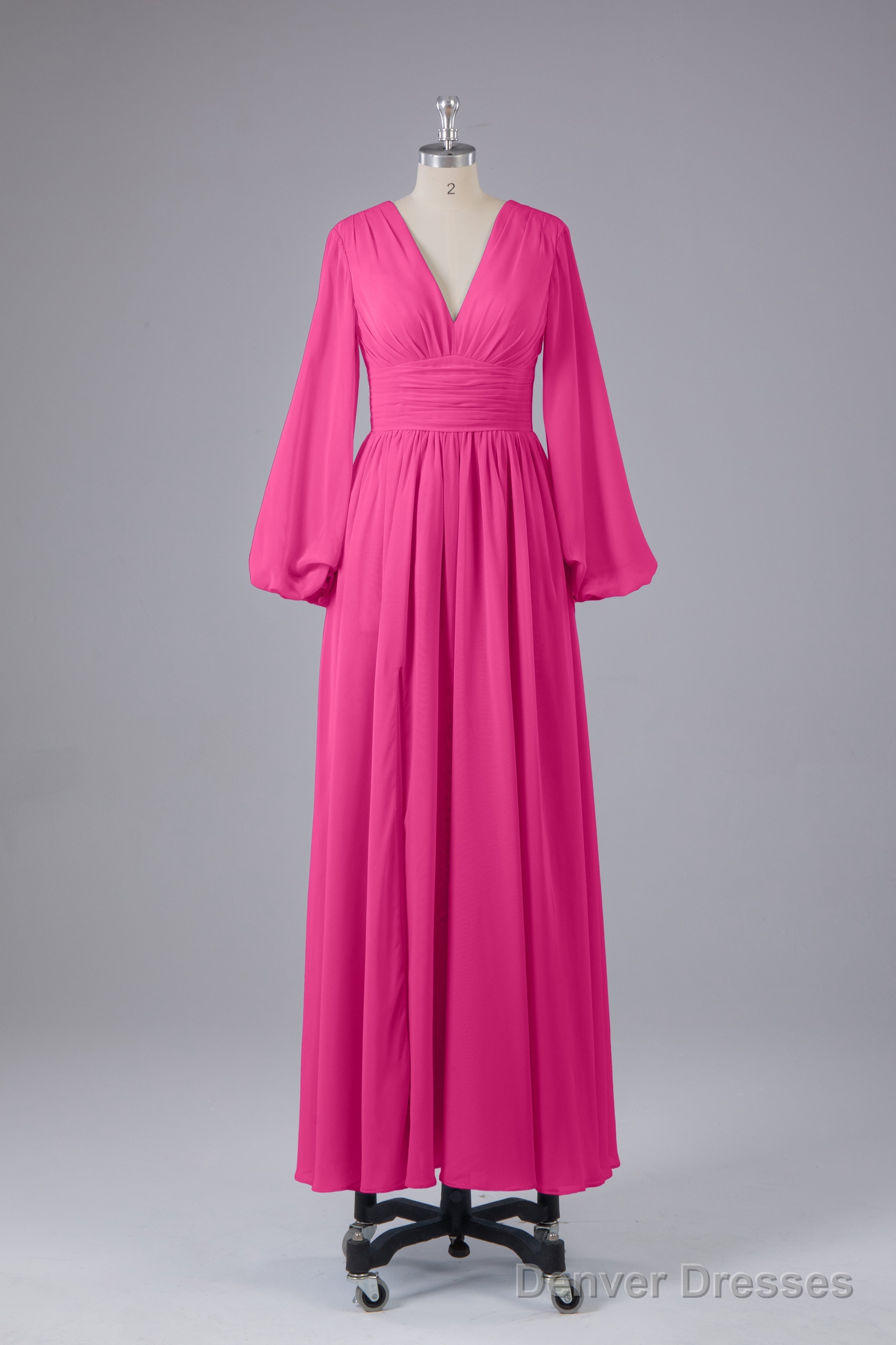 Elegant Long Sleeves V Neck Chiffon Long Bridesmaid Dresses Main image