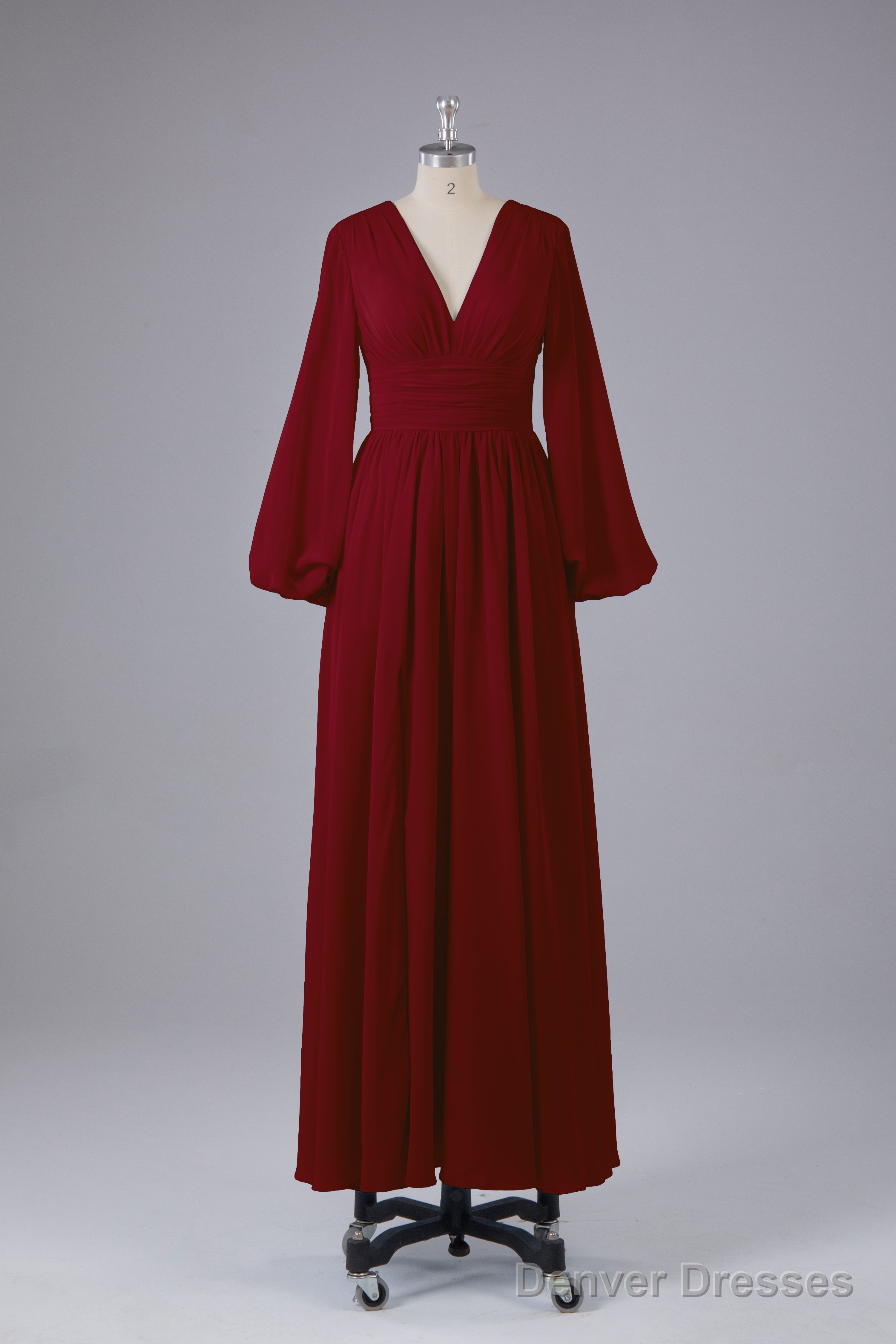 Elegant Long Sleeves V Neck Chiffon Long Bridesmaid Dresses