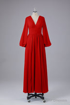 Elegant Long Sleeves V Neck Chiffon Long Bridesmaid Dresses