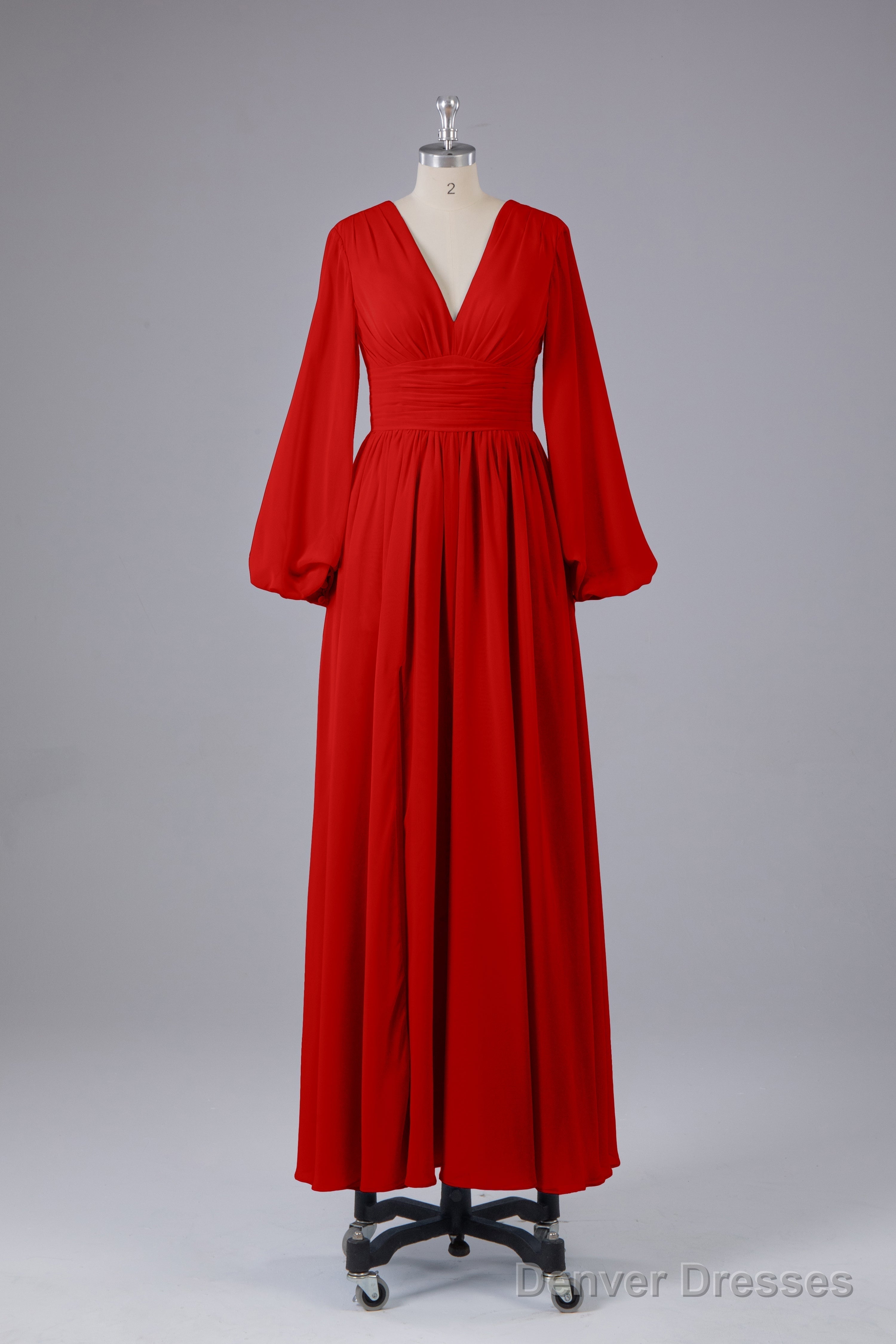 Elegant Long Sleeves V Neck Chiffon Long Bridesmaid Dresses