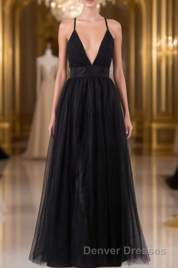 Elegant Tulle Spaghetti Straps Backless Floor Length Prom Dress Main image