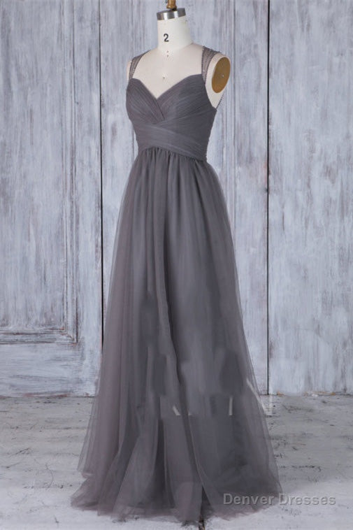 Elegant Grey Long Tulle Bridesmaid Dress with Keyhole Back Main image