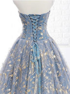 Elegant A Line Blue Tulle Long Strapless Lace Up Gold Evening Dress, Prom Dresses, Js223