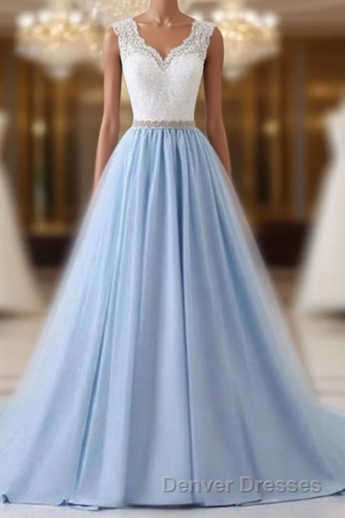 Elegant Long Blue Prom Dress with White Lace Top | Senior School Formal Dress