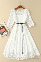 Elegant White Half Sleeve Lace Round Neck Homecoming Dresses, Belt Ankle Knee Prom Dress, H1127