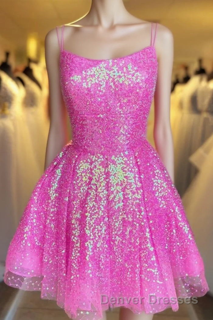 Cute Hot Pink Sequins A-Line Homecoming Dress Hoco Night Dress Main image