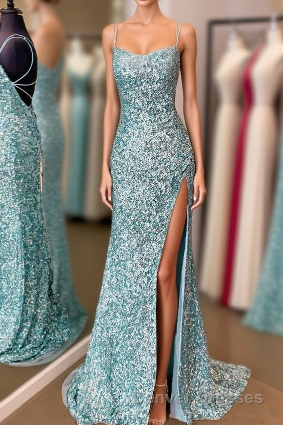 Sparkle Tiffany Blue Sequins Long Prom Dress with Slit Main image
