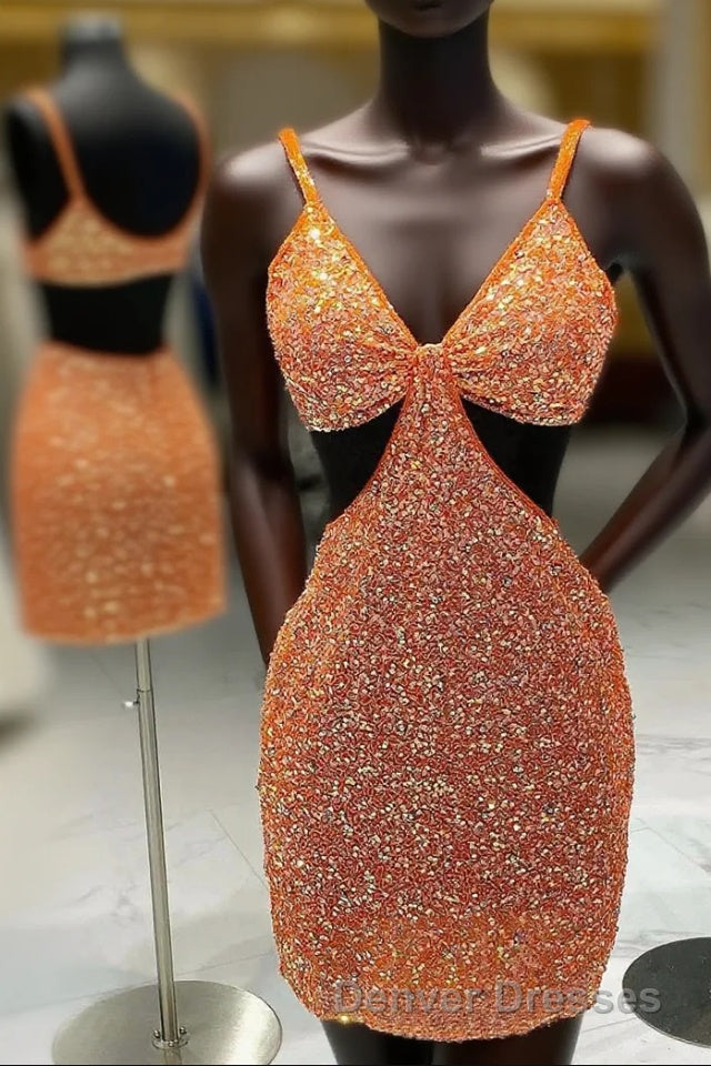 Cut Out Waist Orange Beaded Mini Homecoming Dress