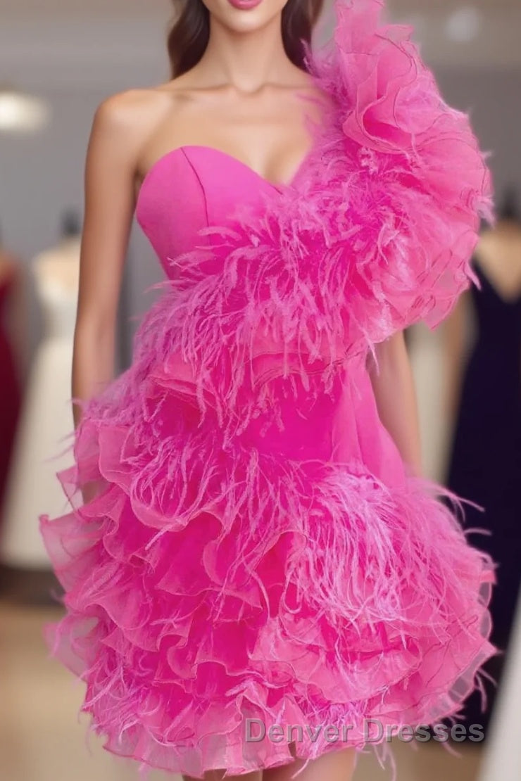 Ruffled Tulle Shoulder Hot Pink Short Homecoming Dress with Feather Main image