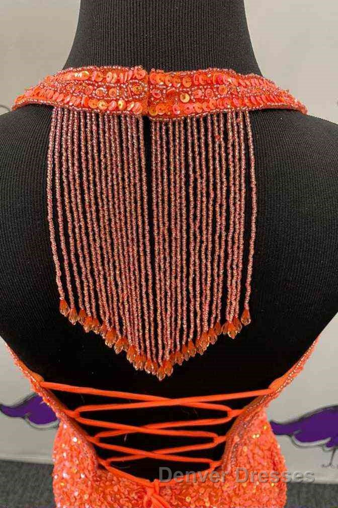 Halter Orange Sequins Bodycon Homecoming Dress with Tassel Secondary image