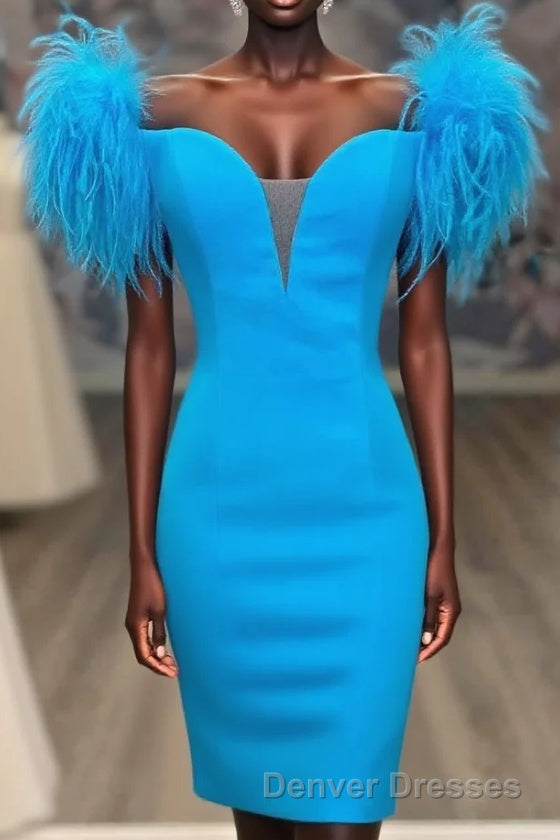 Fitted Feather Shoulder Blue Tight Homecoming Dress Main image