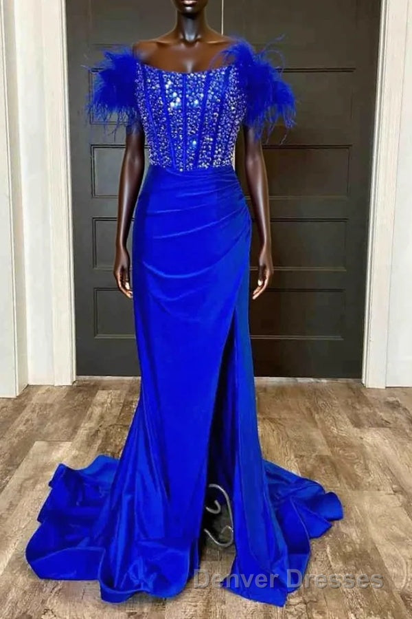 Side Slit Royal Blue Feathered Shoulder Beaded Long Prom Gown Main image