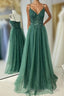 Hunter Green A-line Beaded Applique Straps Tulle Long Prom Dress