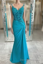 Jade Appliques Straps Twist Knot Mermaid Satin Long Prom Dress