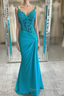 Jade Appliques Straps Twist Knot Mermaid Satin Long Prom Dress