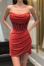 Strapless Pleated Red Satin Homecoming Dress