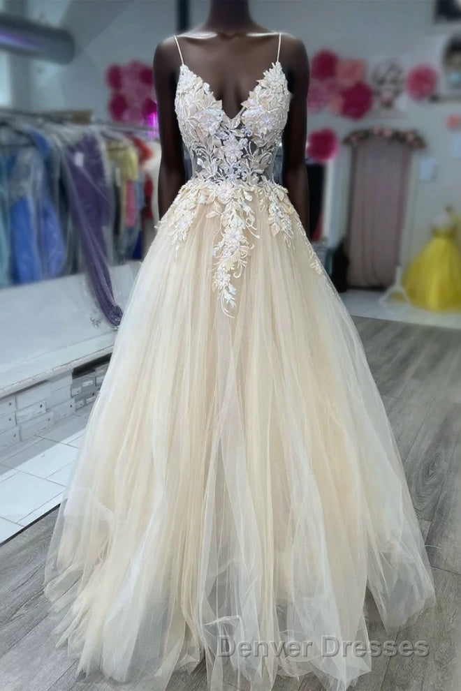 V-Neck Champagne Appliques Long Prom Dress with Straps Main image