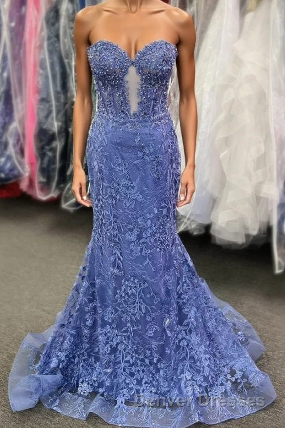 Sweetheart Periwinkle Keyhole Mermaid Prom Dress with Appliques
