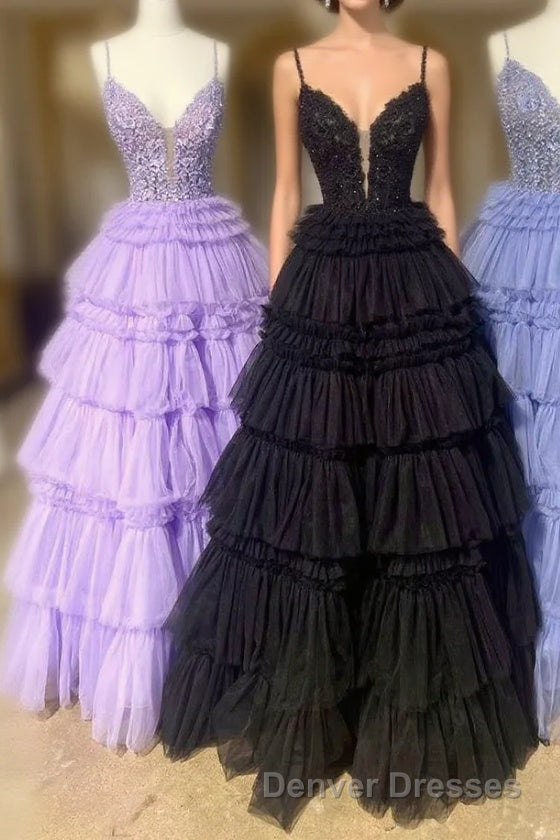 Plunging V-Neck Straps Appliques Layered Prom Dress Main image