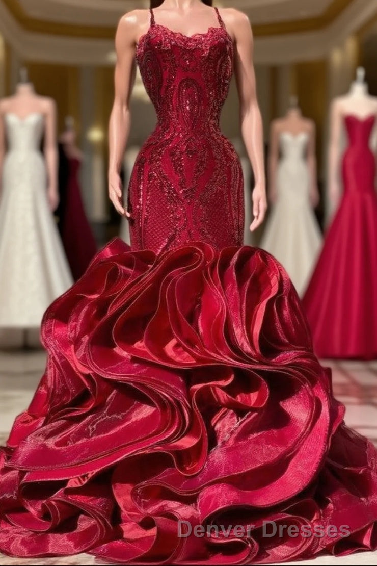 Fabulous Burgundy Long Mermaid Spaghetti Straps Satin Lace Prom Dress