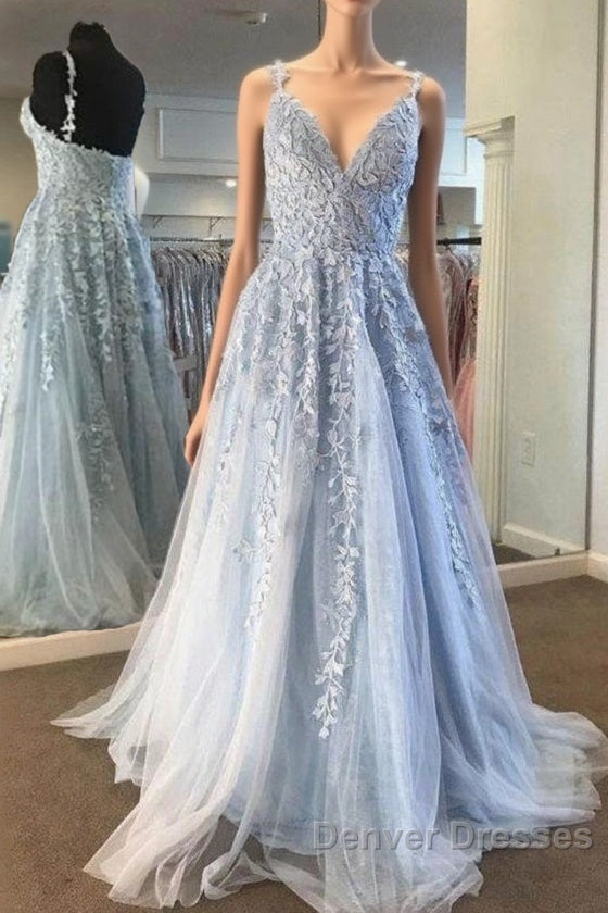 Fairy Light Blue Lace Appliques Tulle A-line Long Prom Dress Main image