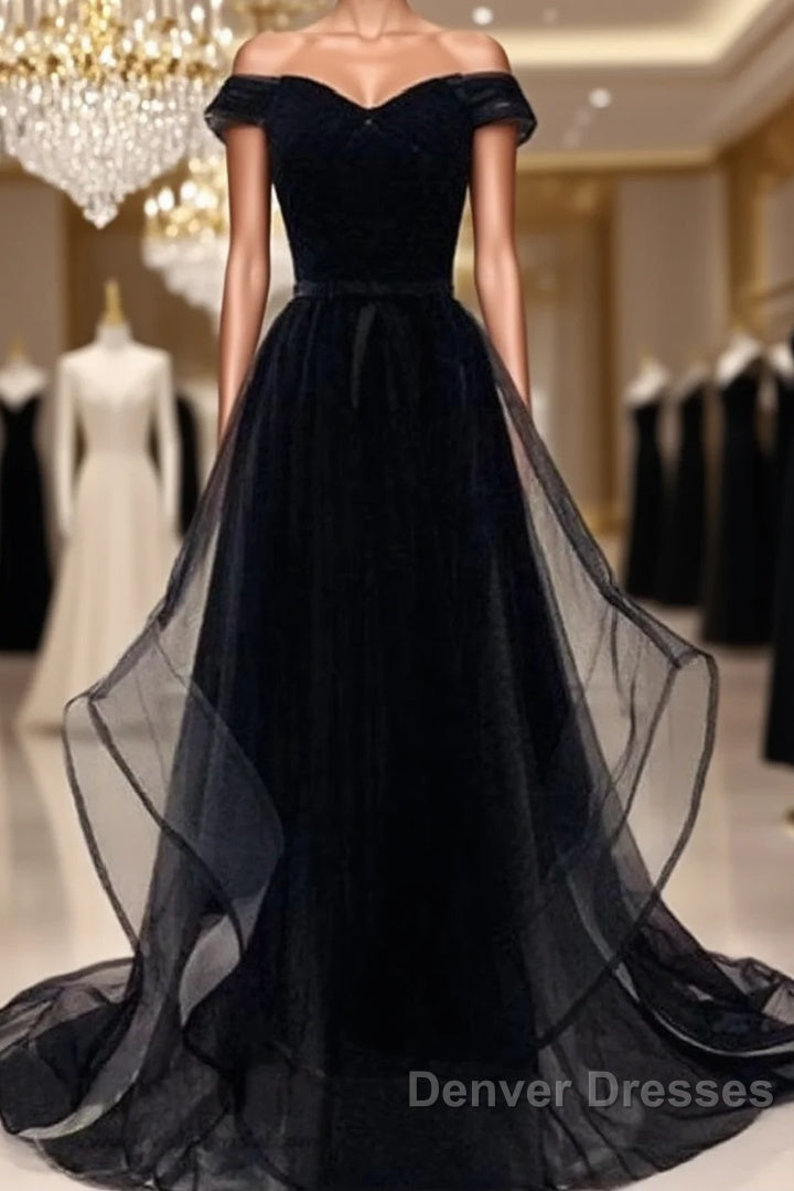 Flowy Tulle Off Shoulders Tulle Black Prom Dress