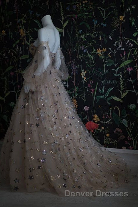 Chic Long Sweetheart Front Split Star Prom Dress With Sleeves