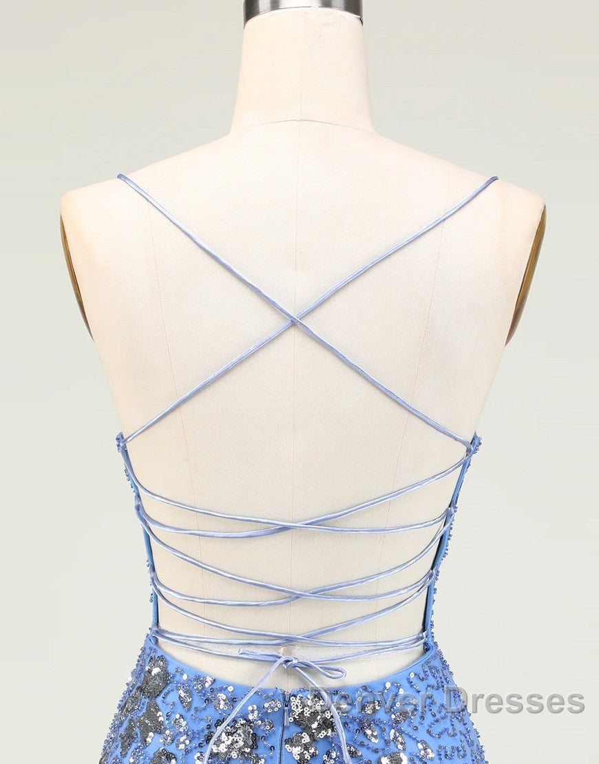 Glitter Blue Spaghetti Straps Beaded Sequins Short Tight Homecoming Dress