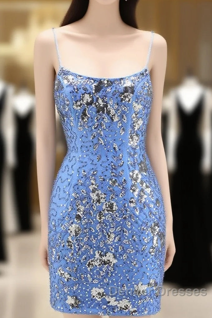 Glitter Blue Spaghetti Straps Beaded Sequins Short Tight Homecoming Dress Main image