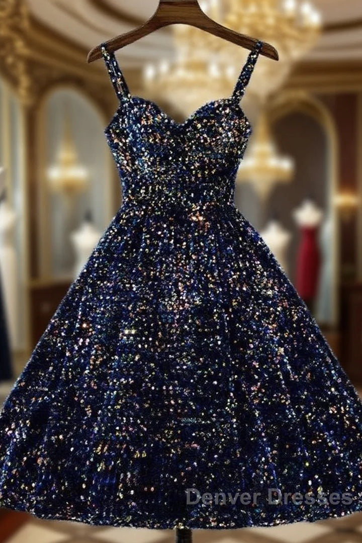 Glitter Navy Blue Sequin Short Prom Dress