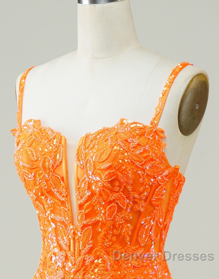 Glitter Orange Spaghetti Straps Orange Tight Sequined Homecoming Dress