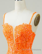 Glitter Orange Spaghetti Straps Orange Tight Sequined Homecoming Dress