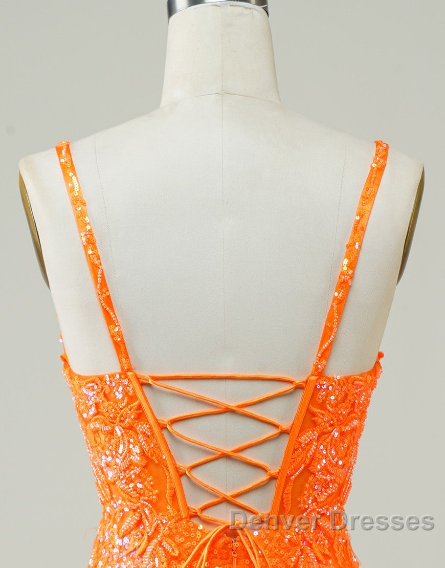 Glitter Orange Spaghetti Straps Orange Tight Sequined Homecoming Dress