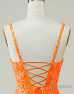 Glitter Orange Spaghetti Straps Orange Tight Sequined Homecoming Dress