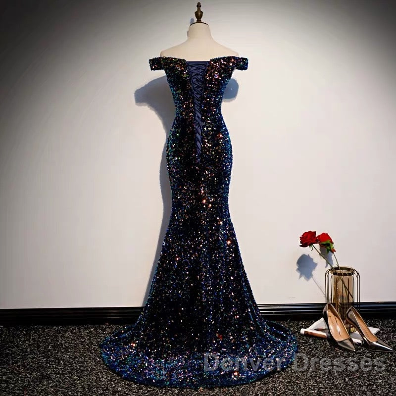 Glitter navy Sequins Off Shoulders Tight Fit Formal Prom Dress