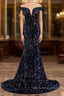 Glitter navy Sequins Off Shoulders Tight Fit Formal Prom Dress