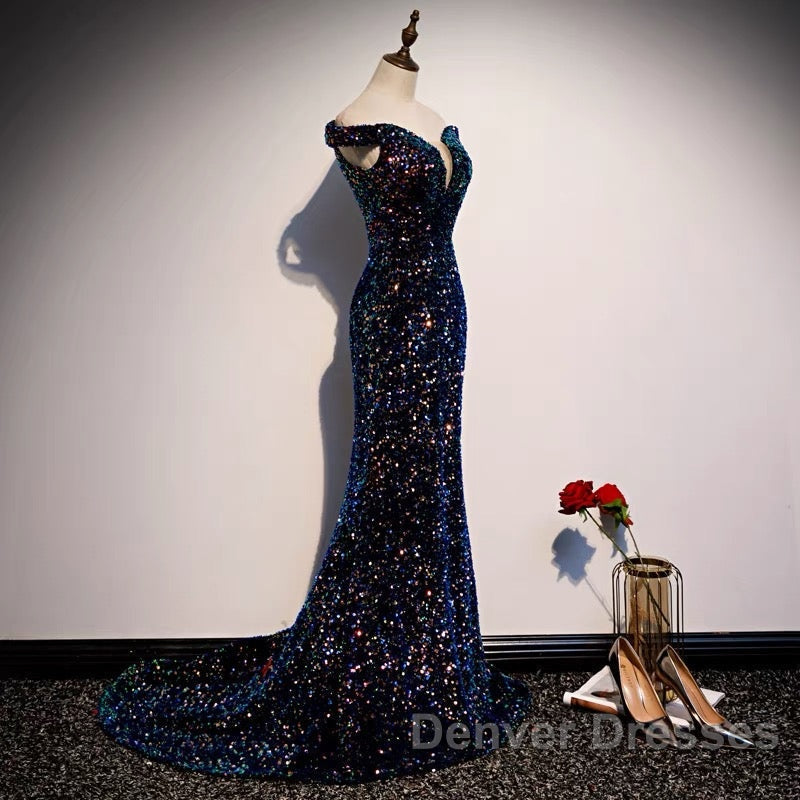 Glitter navy Sequins Off Shoulders Tight Fit Formal Prom Dress