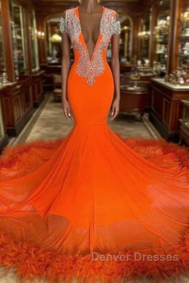 Gorgeous Orange Long Mermaid Tassel V-neck Prom Dress with Sleeves Main image