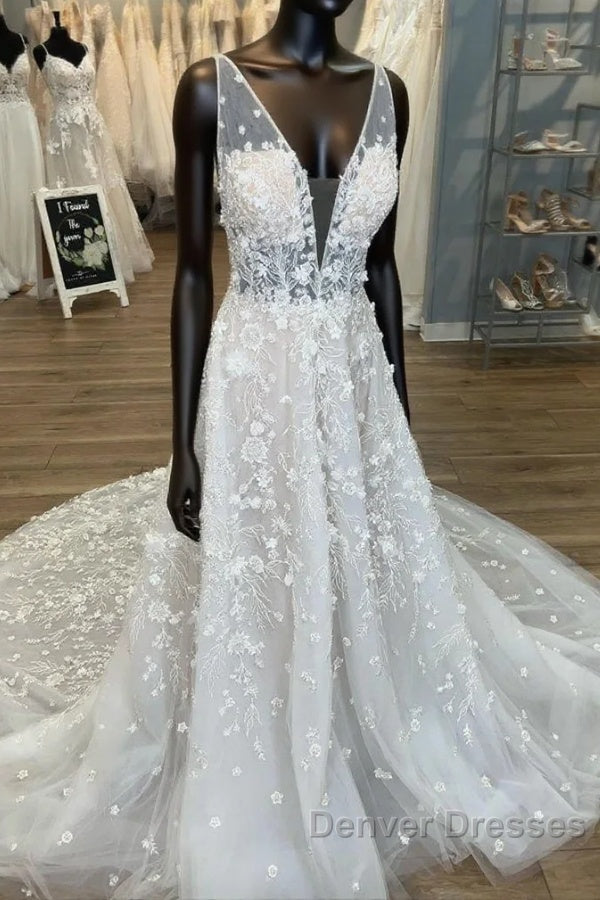 Gorgeous A-Line V-Neck Open Back Chapel Train Wedding Dress Main image