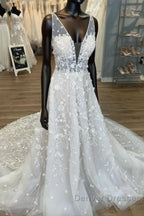 Gorgeous A-Line V-Neck Open Back Chapel Train Wedding Dress