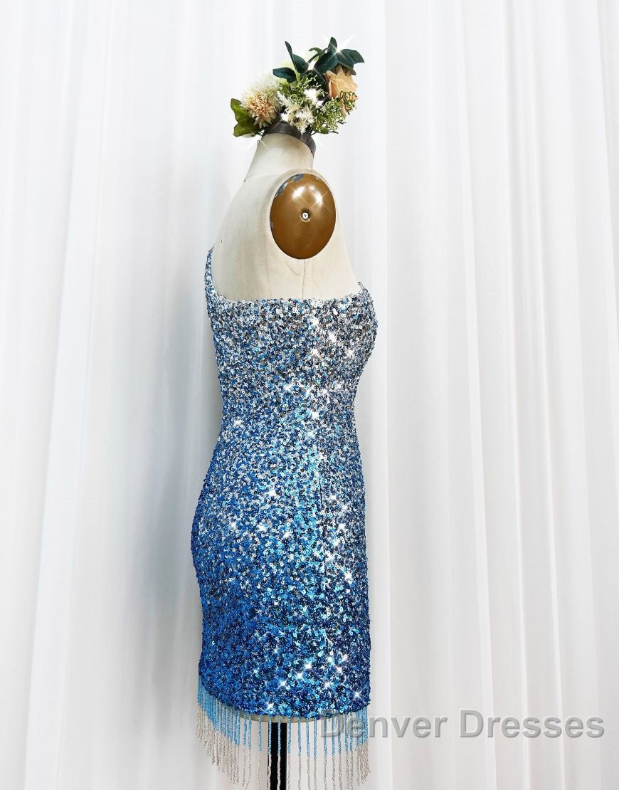 Gorgeous Sparkly Sequin One Shoulder Tight Homecoming Dress With Fringe Secondary image