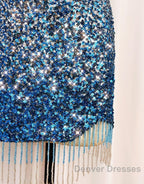 Gorgeous Sparkly Sequin One Shoulder Tight Homecoming Dress With Fringe