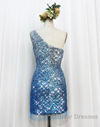 Gorgeous Sparkly Sequin One Shoulder Tight Homecoming Dress With Fringe