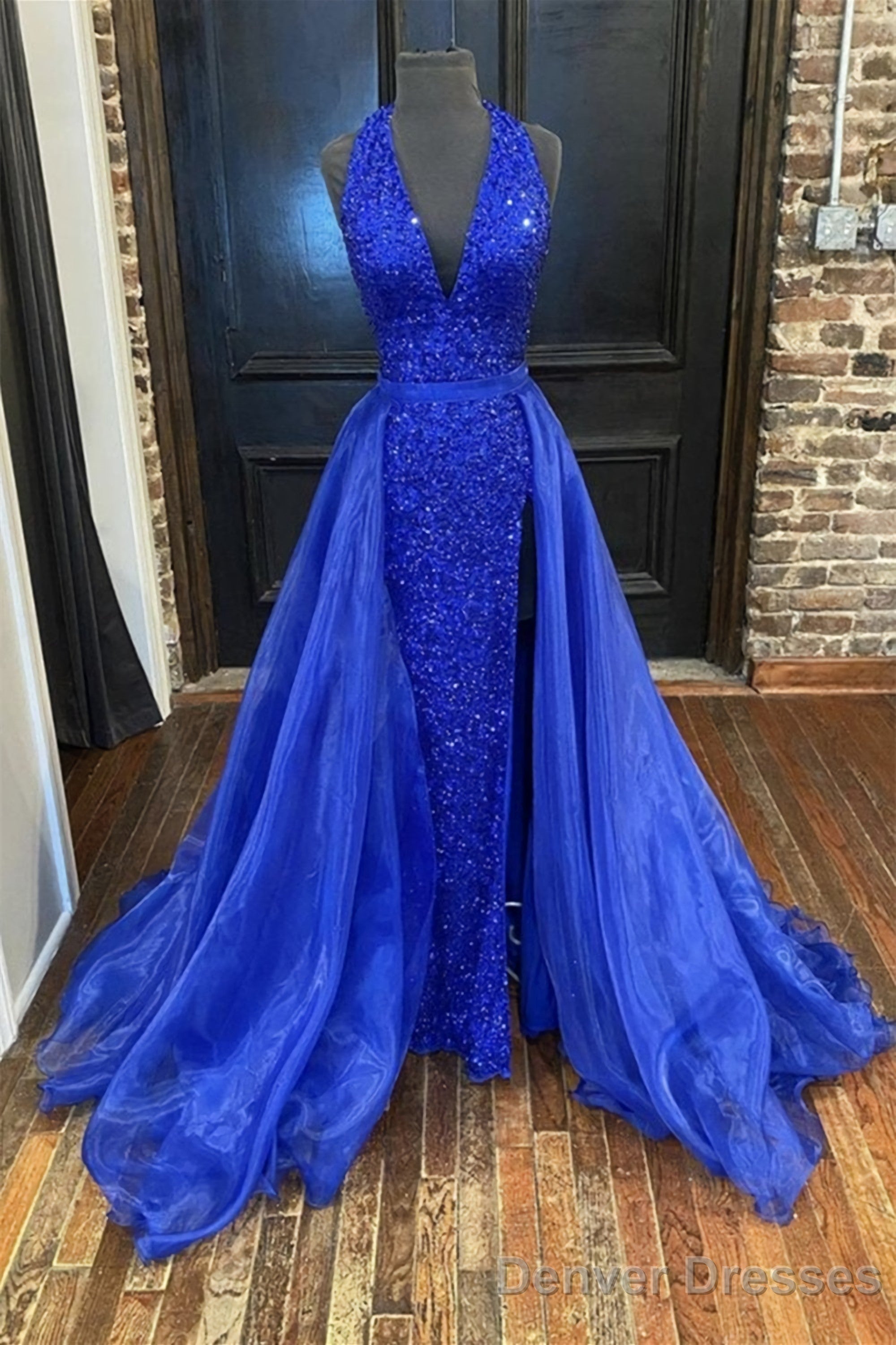 Gorgeous Detachable Train Mermaid Royal Blue Sequins Prom Dress