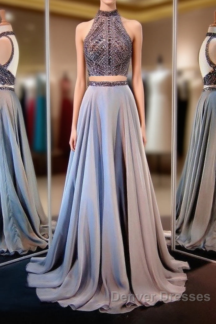 Gray Two Piece Long Prom Dress with Sparkly Beading Main image