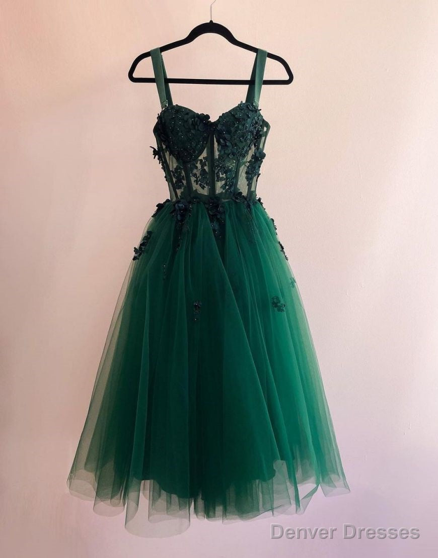 Green Knee Length Straps Tulle Homecoming Dress With Appliques Main image