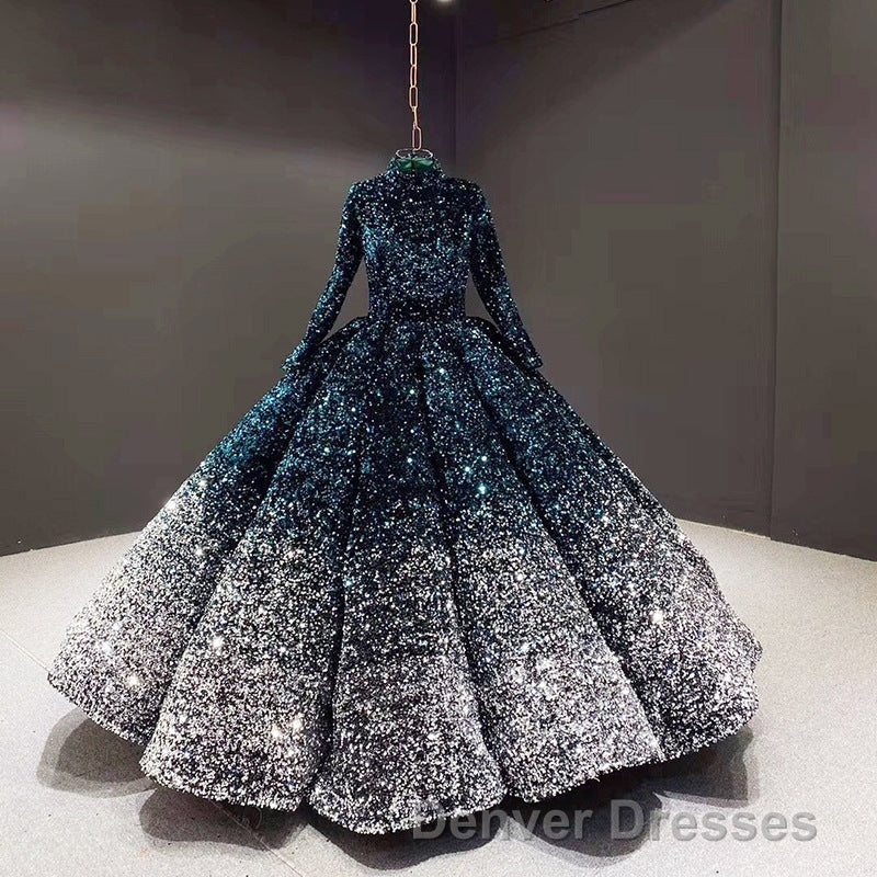 Glitter High Neck Open Back Lace Up Ball Gown Prom Dress