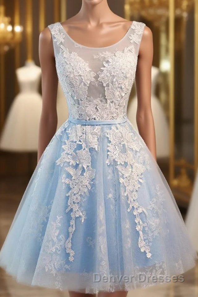 Light Blue Tulle Lace Applique Short Homecoming Dress with Straps Main image