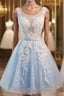 Light Blue Tulle Lace Applique Short Homecoming Dress with Straps